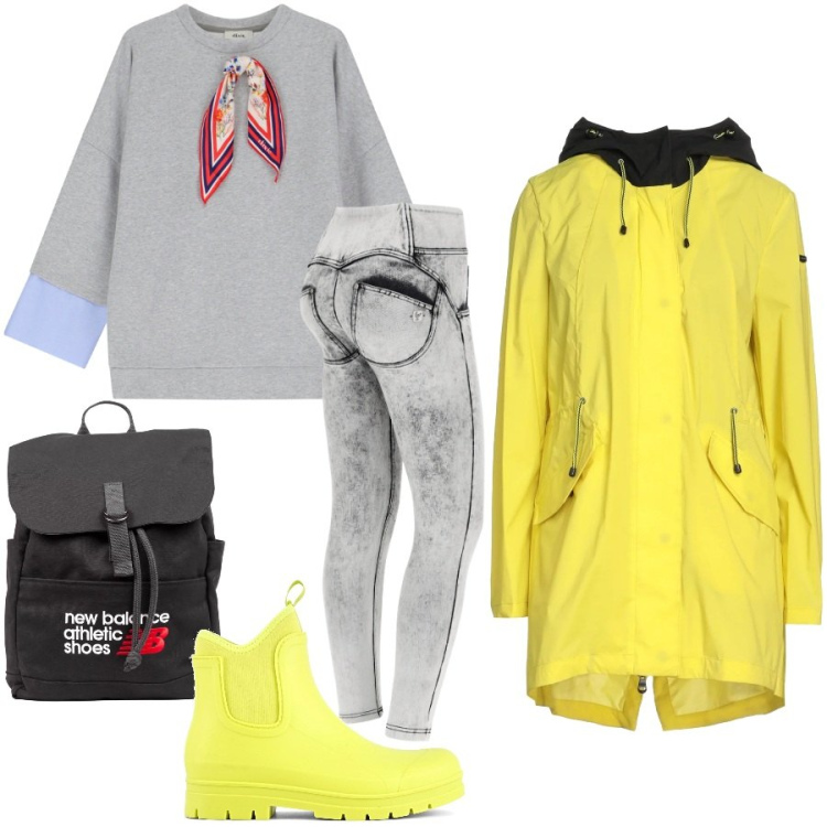 Outfit donna - Pioggia non ti temo. Stile Casual per Tutti i giorni. Abbinamento con trench, zaini, jeans skinny, felpe, stivali.