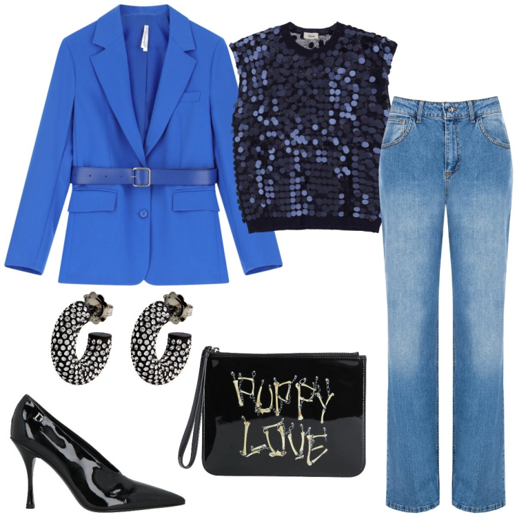 Outfit donna - Total look #2091995. Stile Rock per Serata fuori. Abbinamento con décolleté, orecchini, borse a mano, blazer, top, jeans.