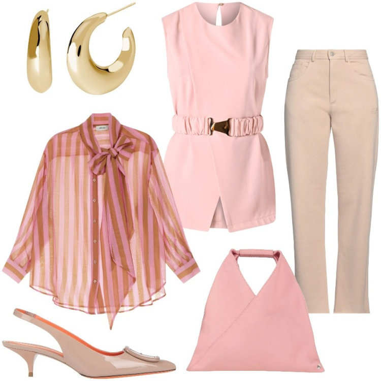 Outfit donna - Primavera in rosa. Stile Chic per Tutti i giorni. Abbinamento con décolleté, pantaloni, borse a mano, camicie, orecchini, bluse.