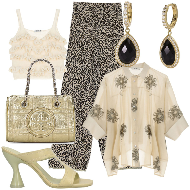 Outfit donna - Curvy. Stile Basic per Tutti i giorni. Abbinamento con sandali in pelle, orecchini, top, pantaloni, camicie, borse a mano.