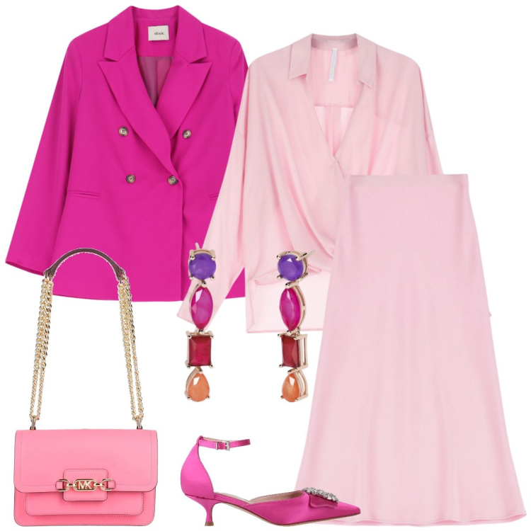 Outfit donna - Total look #2092001. Stile Romantica per Cerimonia. Abbinamento con décolleté, borse a spalla, orecchini, bluse, gonne longuette, blazer.