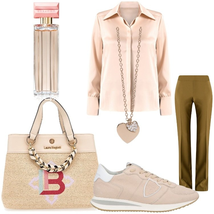Outfit donna - Raso chic. Stile Casual chic per Serata fuori. Abbinamento con sneakers, profumi, ciondoli, pantaloni, camicie, borse a mano.