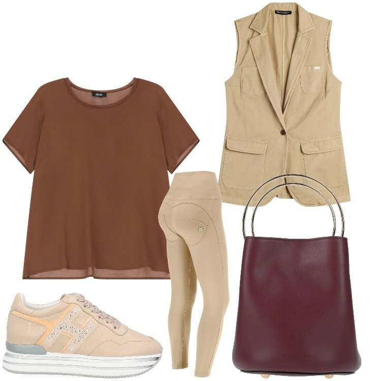 Outfit donna - Con il gilet. Stile Casual chic per Tutti i giorni. Abbinamento con sneakers, borse a mano, pantaloni skinny, gilet, t-shirt.