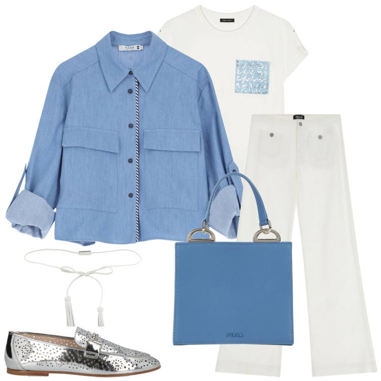 Outfit donna - In jeans. Stile Casual chic per Serata fuori. Abbinamento con mocassini, cinture, borse a mano, camicie, pantaloni a palazzo, t-shirt.