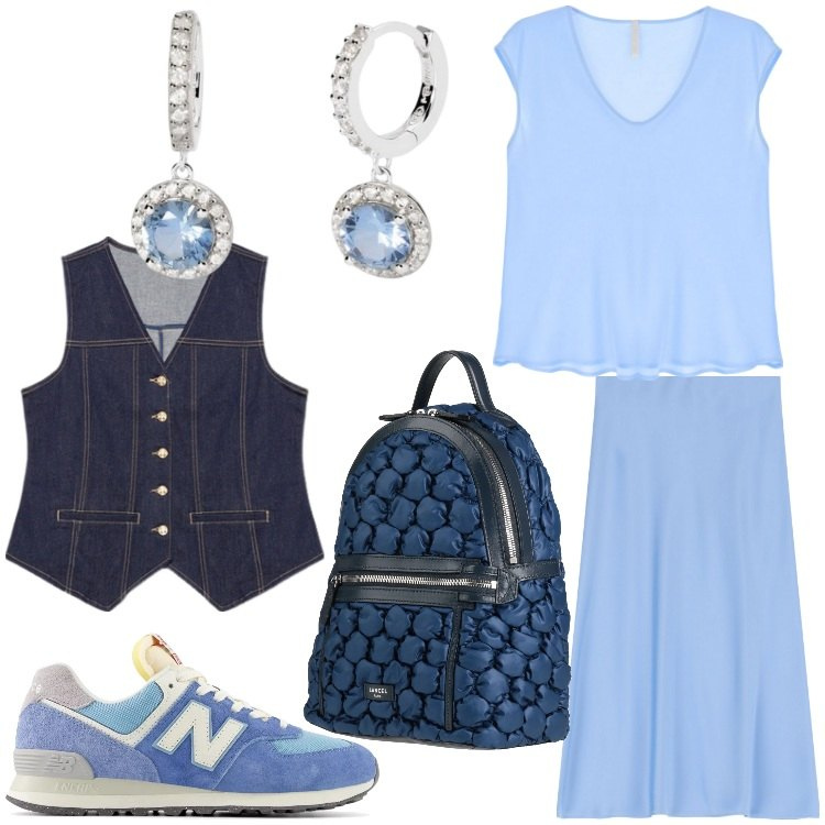 Outfit donna - Celeste e blu. Stile Casual chic per Tutti i giorni. Abbinamento con zaini, orecchini, sneakers, gonne longuette, top, gilet.
