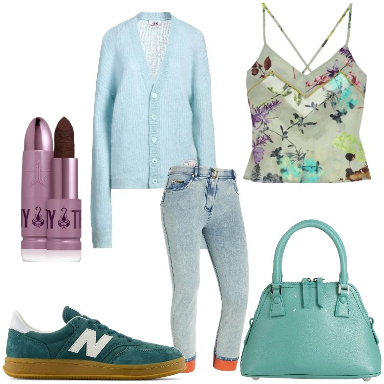 Outfit donna - Jeans e top. Stile Casual chic per Serata fuori. Abbinamento con borse a mano, cardigans, rossetti, sneakers, jeans dritti, canottiere.