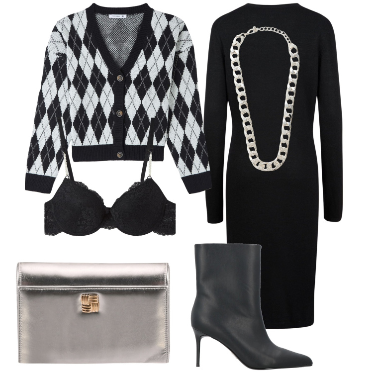 Outfit donna - Al compleanno dell amica. Stile Urban per Serata fuori. Abbinamento con stivaletti, collane, cardigans, reggiseni a balconcino, borse a tracolla, vestiti midi/longuette.