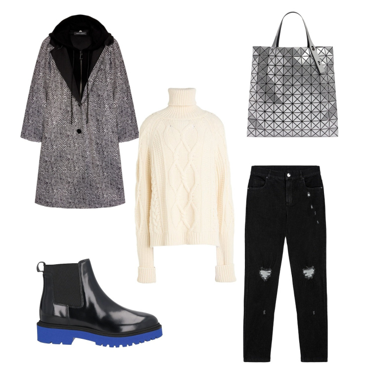 Outfit donna - Sporty chic. Stile Sporty chic per Tutti i giorni. Abbinamento con stivaletti chelsea, maglieria, jeans skinny, cappotti, shopping bag.