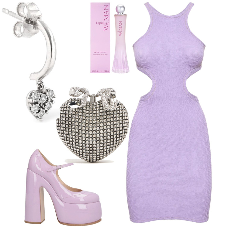 Outfit donna - Romanticismo sexy. Stile Sexy per Serata fuori. Abbinamento con décolleté, profumi, vestiti, orecchini, pochette.
