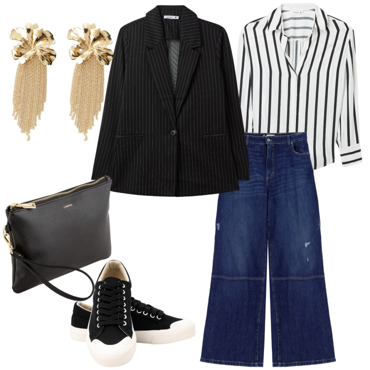 Outfit donna - Dall\' ufficio alla serata. per Serata fuori. Abbinamento con jeans a zampa, blazer, camicie, orecchini, sneakers, pochette.