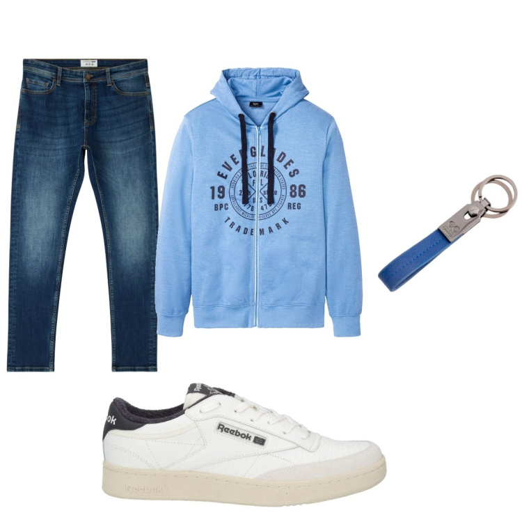 Outfit uomo - Total look #2092047. Stile Casual per Tutti i giorni. Abbinamento con felpe con cappuccio, sneakers, jeans skinny, portachiavi.