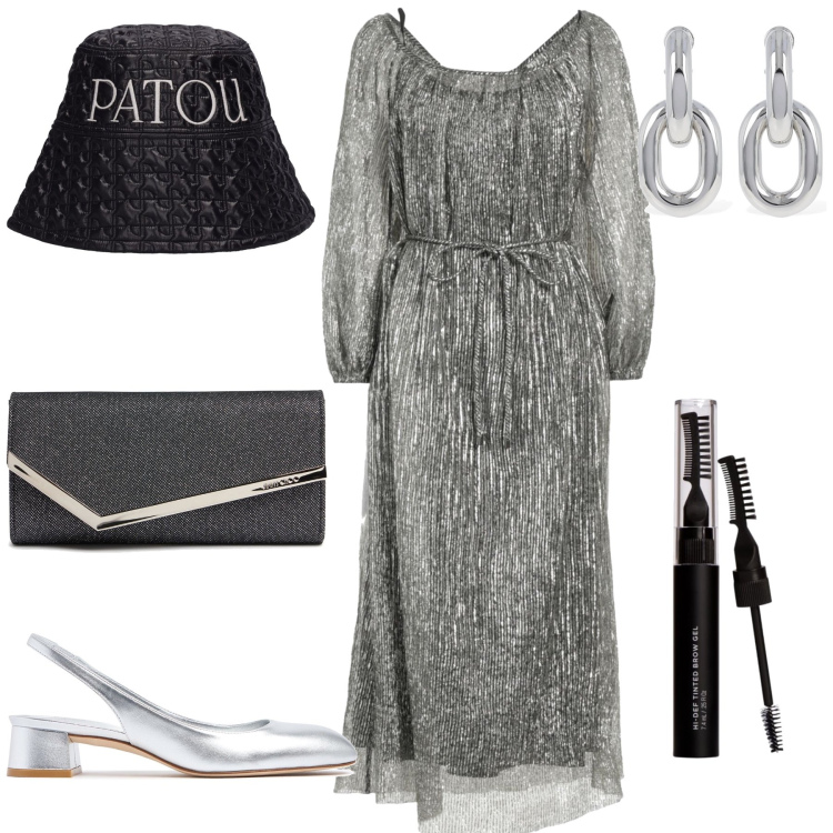 Outfit donna - Argento vivo. Stile Glamour per Cerimonia. Abbinamento con vestiti midi/longuette, mascara, cappelli, orecchini, décolleté, pochette.