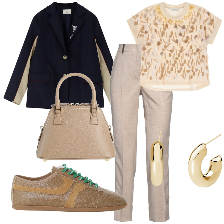 Outfit donna - In ufficio sportiva. per Ufficio. Abbinamento con pantaloni, borse a mano, orecchini, sneakers, t-shirt, blazer.