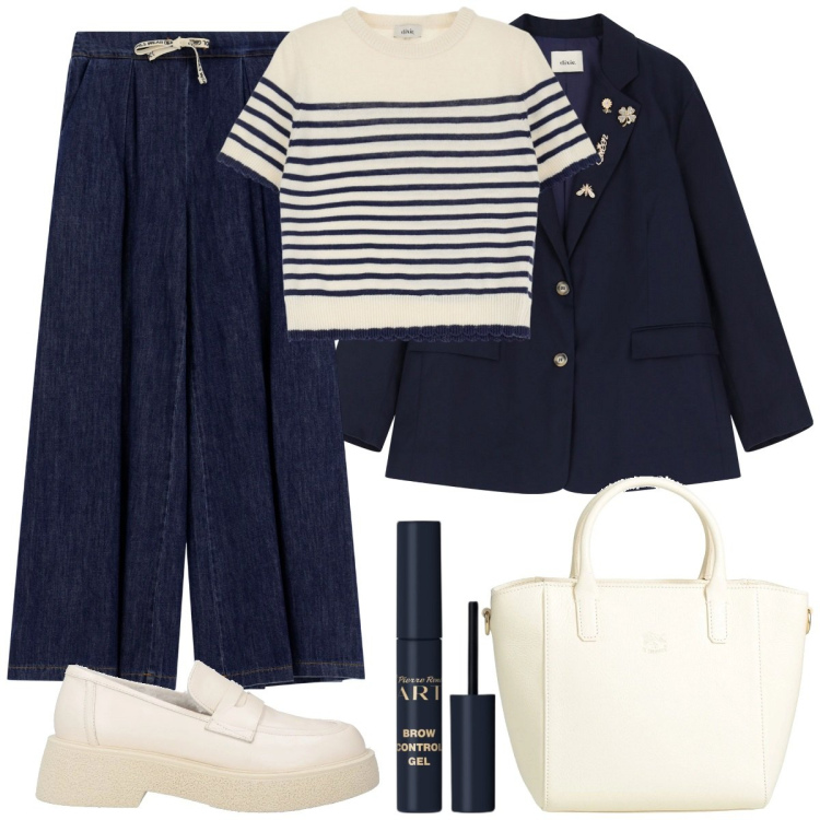 Outfit donna - Soft&chic. Stile Casual chic per Ufficio. Abbinamento con borse a mano, mocassini, mascara, maglieria, jeans, blazer.
