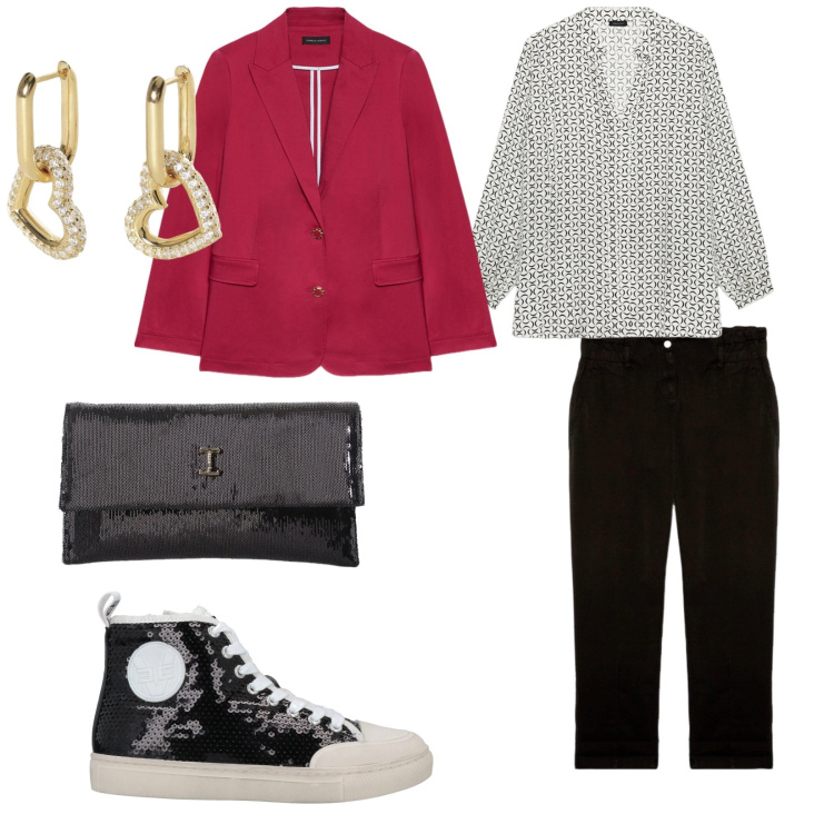Outfit donna - Scarpe e borsa protagonista. per Serata fuori. Abbinamento con sneakers alte, orecchini, borse a tracolla, blazer, pantaloni, bluse.