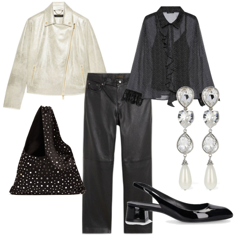 Outfit donna - Uscita con amiche. per Serata fuori. Abbinamento con pantaloni, camicie, décolleté, orecchini, borse a spalla, blazer.
