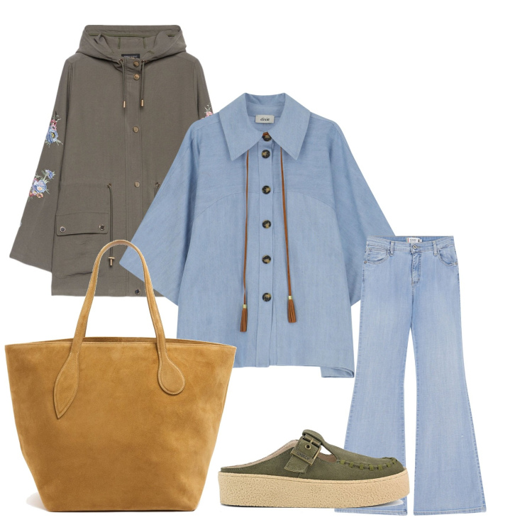 Outfit donna - Soft colors. Stile Casual chic per Tutti i giorni. Abbinamento con jeans a zampa, camicie, parka, sabot, shopping bag.