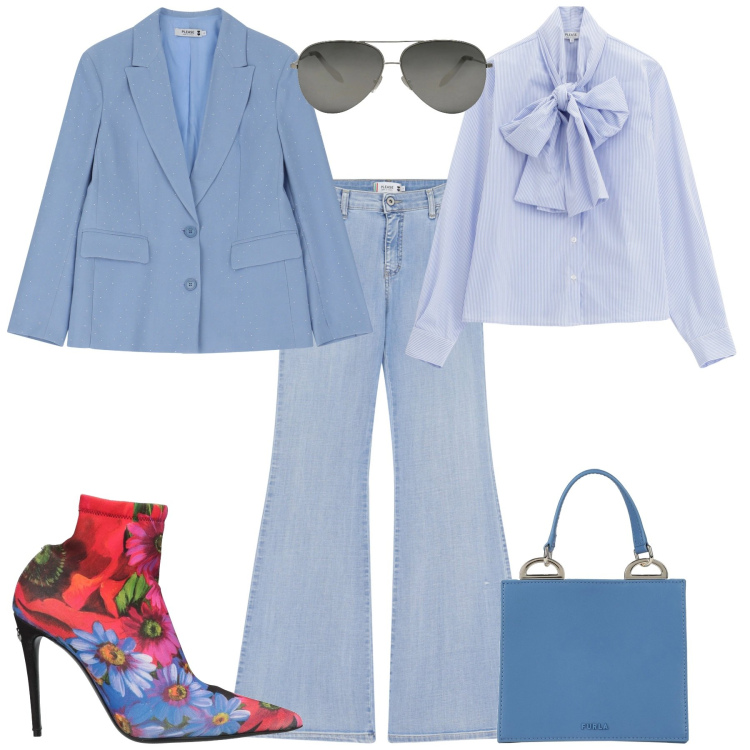 Outfit donna - Total look #2092069. Stile Glamour per Tutti i giorni. Abbinamento con stivaletti, borse a mano, occhiali da sole, camicie, jeans a zampa, blazer.