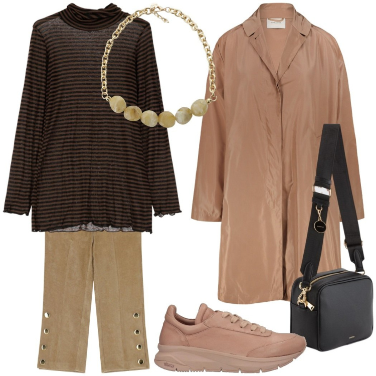 Outfit donna - Trench versatile. Stile Casual chic per Ufficio. Abbinamento con sneakers, pantaloni, maglieria, collane, trench, borse a tracolla.