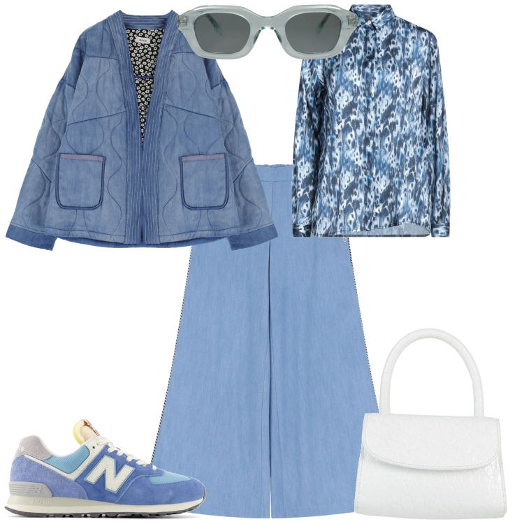 Outfit donna - Total look #2092079. Stile Sporty chic per Tutti i giorni. Abbinamento con borse a mano, camicie, occhiali da sole, sneakers, pantaloni a palazzo, blazer.