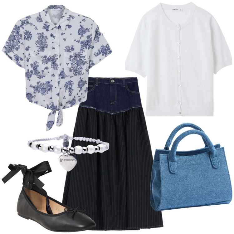 Outfit donna - Sabato di primavera. Stile Romantica per Tutti i giorni. Abbinamento con camicie, ballerine, borse a tracolla, cardigans, gonne lunghe, braccialetti.