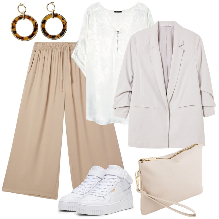 Outfit donna - Colori eterei. Stile Casual chic per Tutti i giorni. Abbinamento con blazer, pantaloni a palazzo, orecchini, sneakers, bluse, pochette.