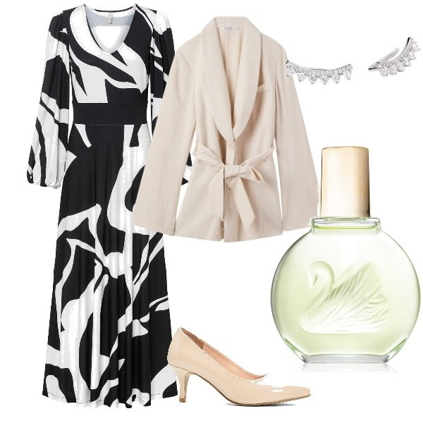 Outfit donna - Compleanno tra amici. Stile Glamour per Serata fuori. Abbinamento con vestiti, décolleté, profumi, blazer, orecchini.