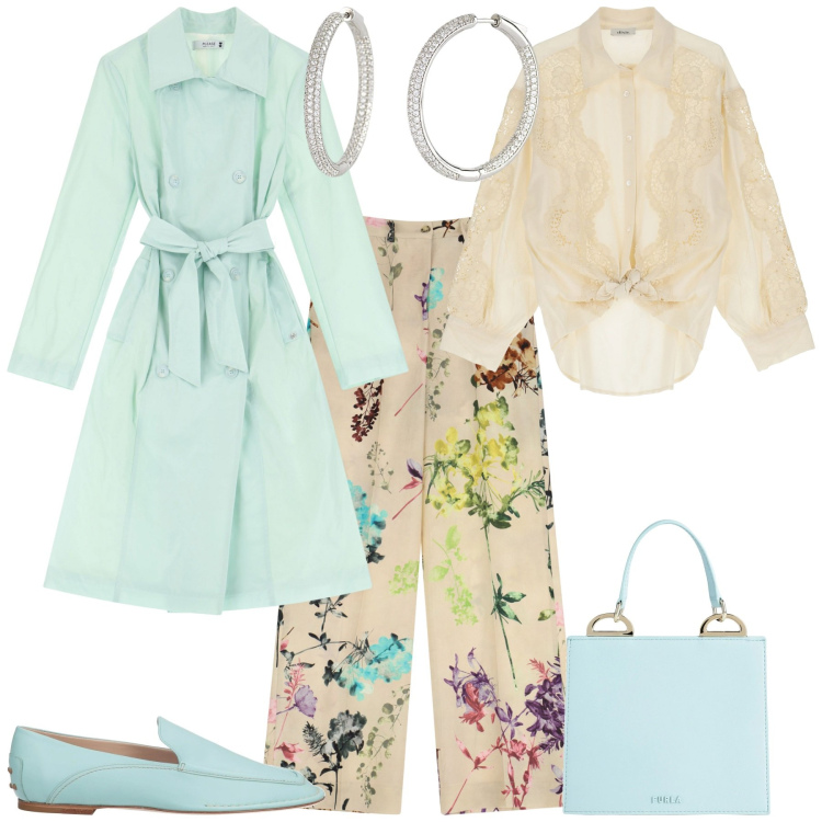 Outfit donna - Total look #2092094. Stile Romantica per Tutti i giorni. Abbinamento con mocassini, borse a mano, orecchini, trench, pantaloni a palazzo, camicie.