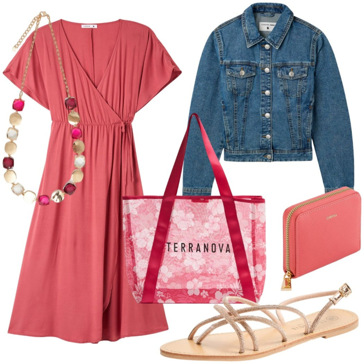 Outfit donna - Rosa "shopping". Stile Casual per Tutti i giorni. Abbinamento con sandali, shopping bag, vestiti lunghi, blazer, collane, portafogli.