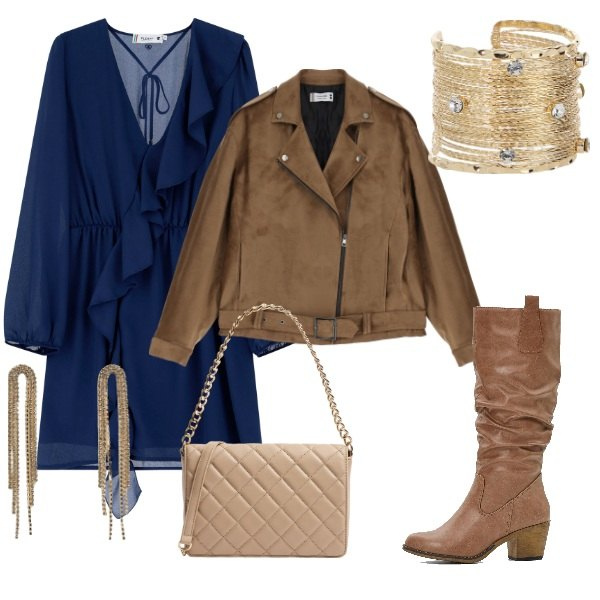 Outfit donna - Pizza tra amici. Stile Casual chic per Serata fuori. Abbinamento con stivali, orecchini, borse a tracolla, blazer, vestiti corti, braccialetti.