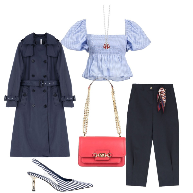 Outfit donna - In ufficio. Stile Bon Ton per Ufficio. Abbinamento con top, borse a spalla, collane, décolleté, trench, pantaloni chino.