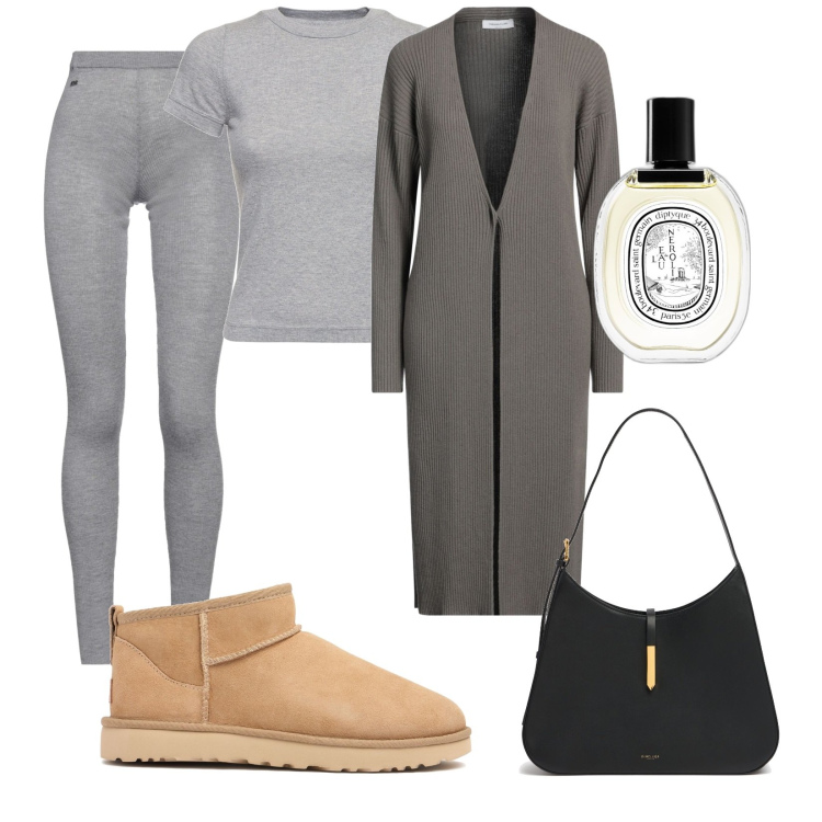 Outfit donna - Dyptique. Stile Basic per Tutti i giorni. Abbinamento con cardigans, leggings, profumi, t-shirt, stivali, borse a spalla.