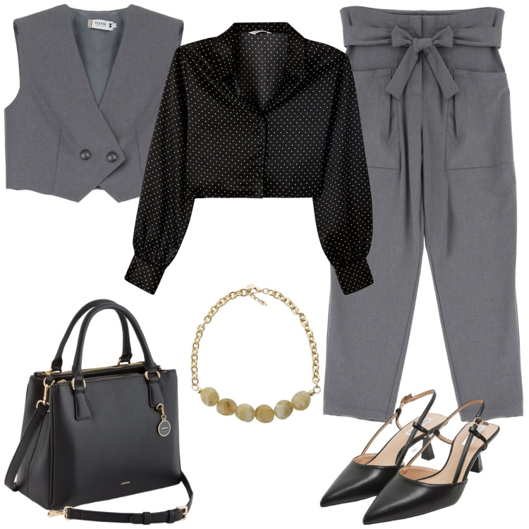 Outfit donna - Impeccabile al lavoro. Stile Casual chic per Ufficio. Abbinamento con camicie, sabot, pantaloni, gilet, collane, borse a mano.