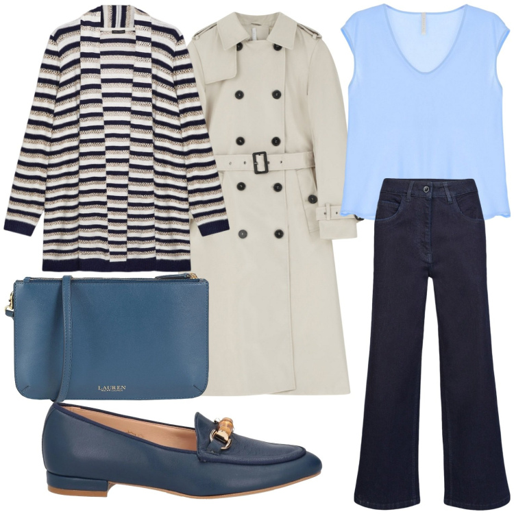 Outfit donna - Il trench primaverile. Stile Casual chic per Tutti i giorni. Abbinamento con borse a tracolla, mocassini, trench, top, cardigans, pantaloni.