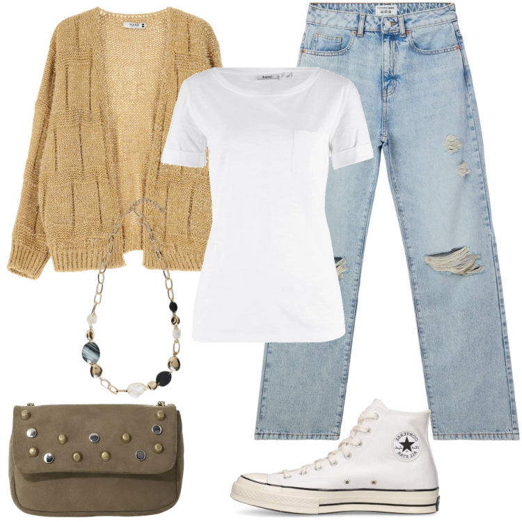 Outfit donna - Un evergreen: jeans e t-shirt white. Stile Casual per Tutti i giorni. Abbinamento con t-shirt, jeans strappati, cardigans, borse a tracolla, collane, sneakers.