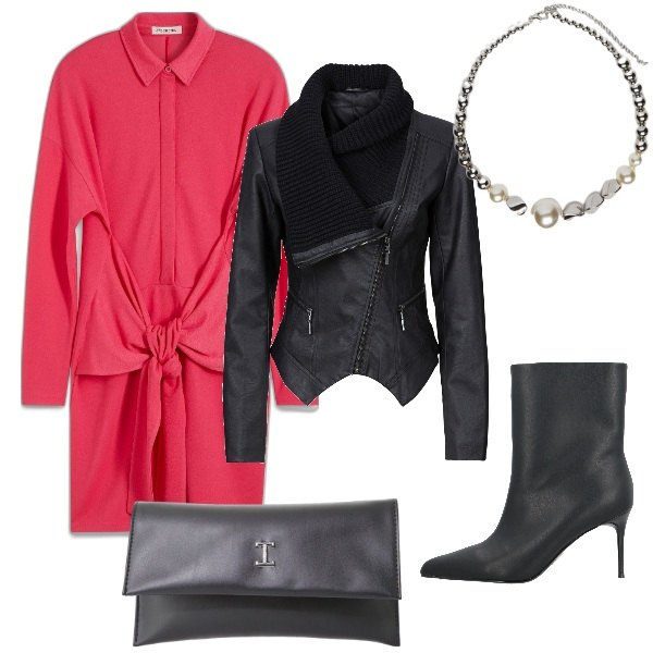 Outfit donna - Serata tra amici. Stile Casual chic per Serata fuori. Abbinamento con blazer, vestiti chemisier, stivaletti, pochette, collane.