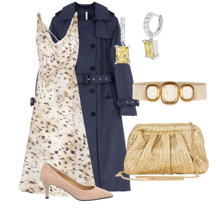 Outfit donna - Serata di luci. Stile Casual per Serata fuori. Abbinamento con décolleté, orecchini, clutch, cinture, vestiti, trench.