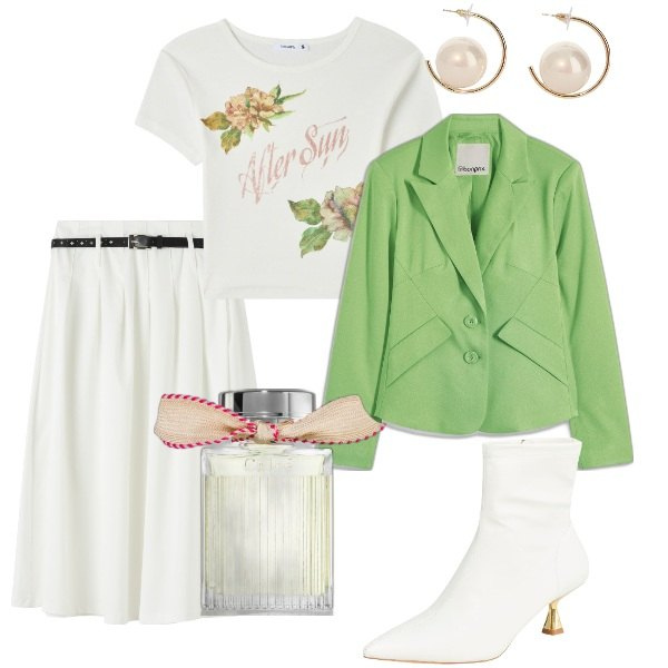 Outfit donna - Aspettando la primavera. Stile Bon Ton per Serata fuori. Abbinamento con blazer, profumi, stivaletti, gonne lunghe, t-shirt, orecchini.