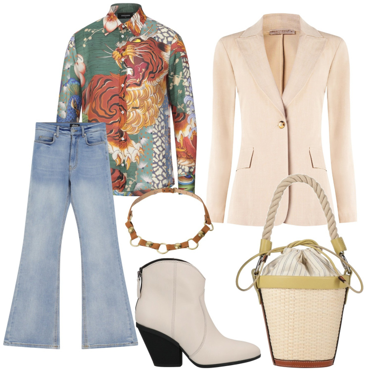 Outfit donna - In ufficio. Stile Boho per Tutti i giorni. Abbinamento con stivaletti texani, borse a secchiello, camicie, blazer, jeans a zampa, cinture.