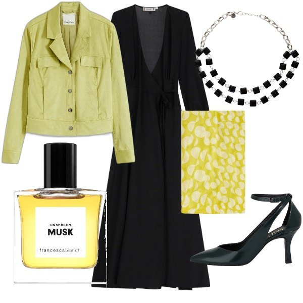 Outfit donna - Serata tra amici. Stile Casual chic per Serata fuori. Abbinamento con blazer, profumi, vestiti lunghi, décolleté, collane, stole.