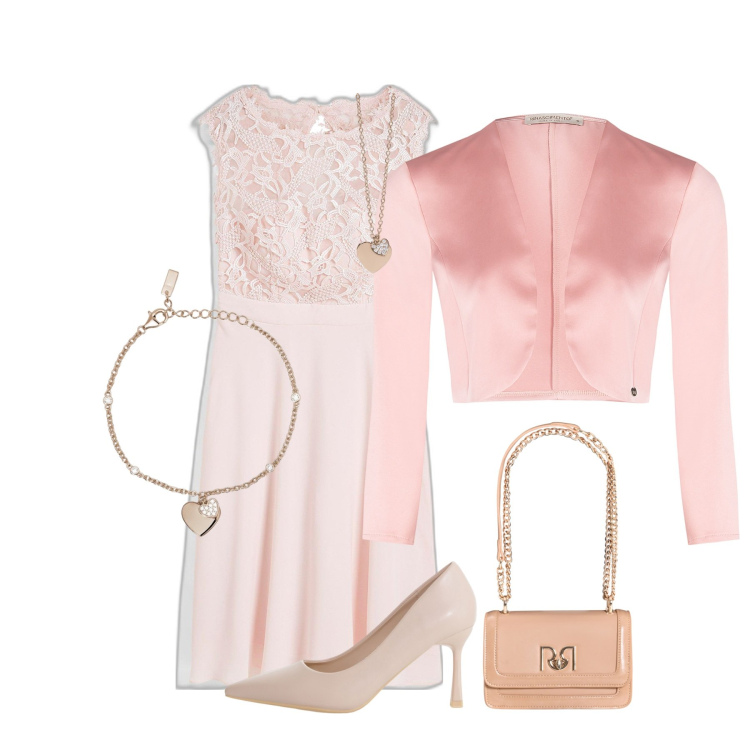 Outfit donna - Primavera in rosa. Stile Bon Ton per Cerimonia. Abbinamento con vestiti corti, braccialetti con ciondoli, ciondoli, borse a tracolla, bolero, décolleté.