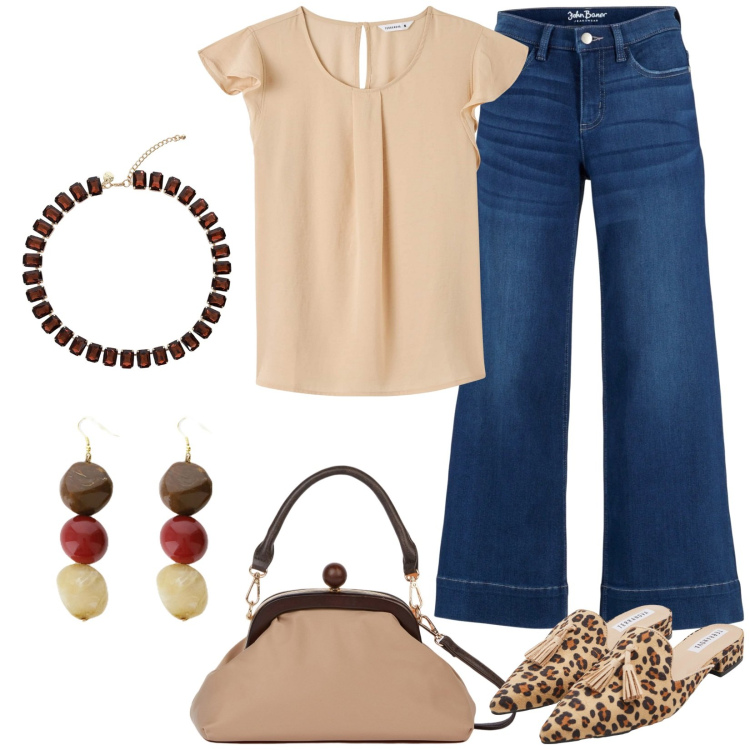 Outfit donna - Mules sabot animalier. Stile Sporty chic per Tutti i giorni. Abbinamento con jeans a zampa, sabot, bluse, orecchini, collane, clutch.