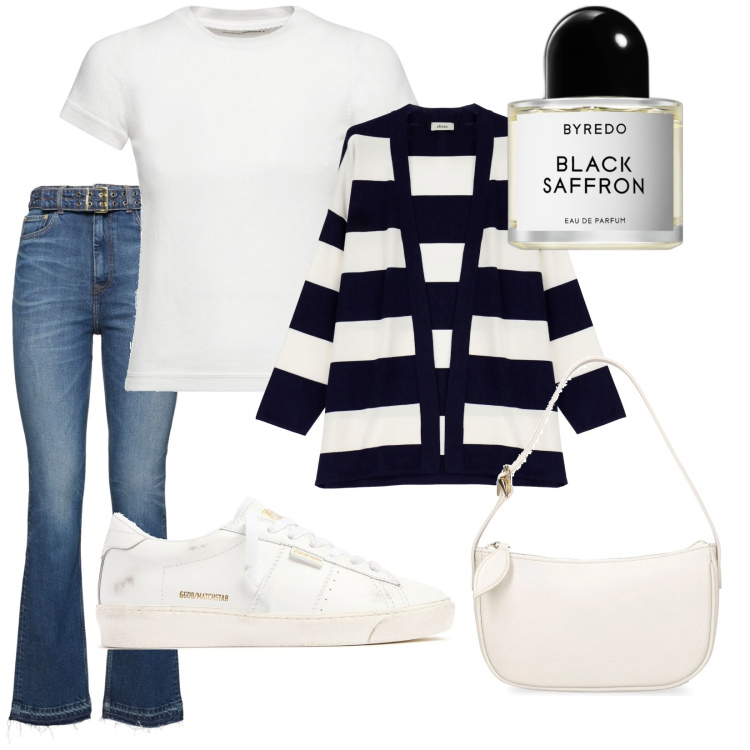 Outfit donna - Old Money. Stile Casual chic per Ufficio. Abbinamento con profumi, cardigans, borse a spalla, jeans dritti, t-shirt, sneakers.