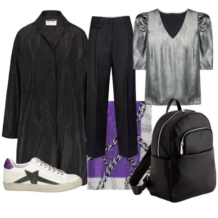 Outfit donna - Casual day. Stile Mannish per Tutti i giorni. Abbinamento con sneakers, trench, bluse, sciarpe, pantaloni, zaini.