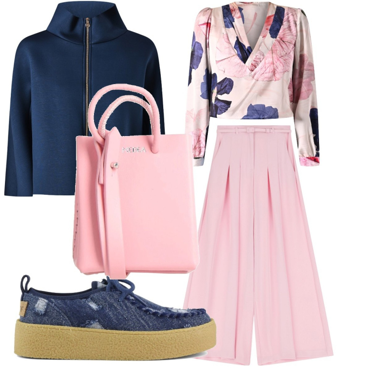 Outfit donna - La primavera si fa rosa. Stile Glamour per Tutti i giorni. Abbinamento con borse a spalla, cappe, bluse, pantaloni, mocassini.
