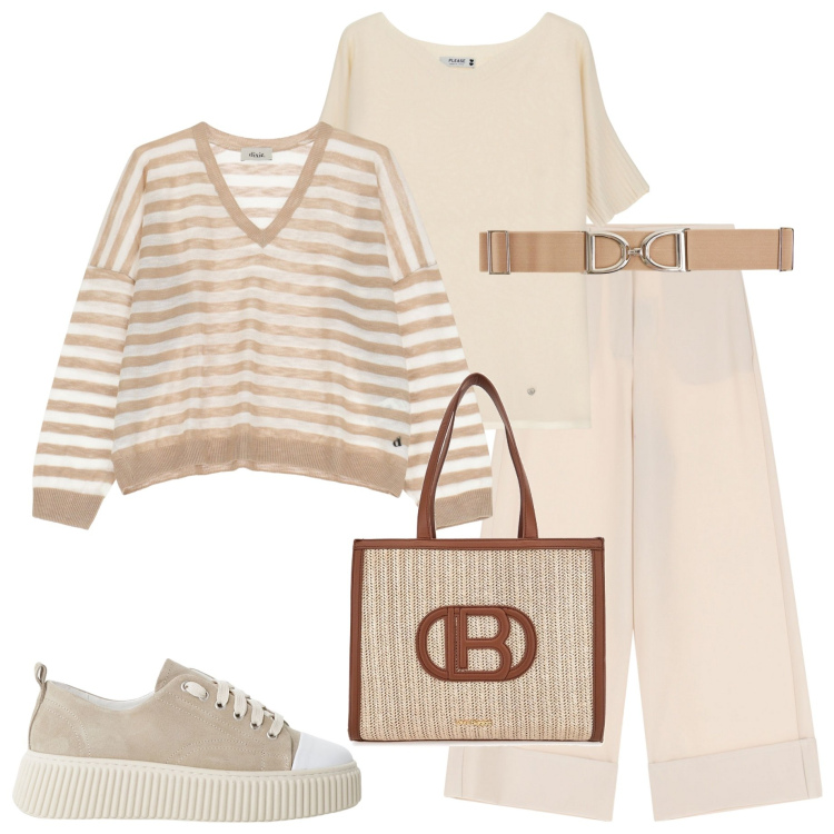 Outfit donna - Casual chic curvy. Stile Casual chic per Ufficio. Abbinamento con cinture, maglieria, sneakers, pantaloni a palazzo, maglieria, borse a spalla.
