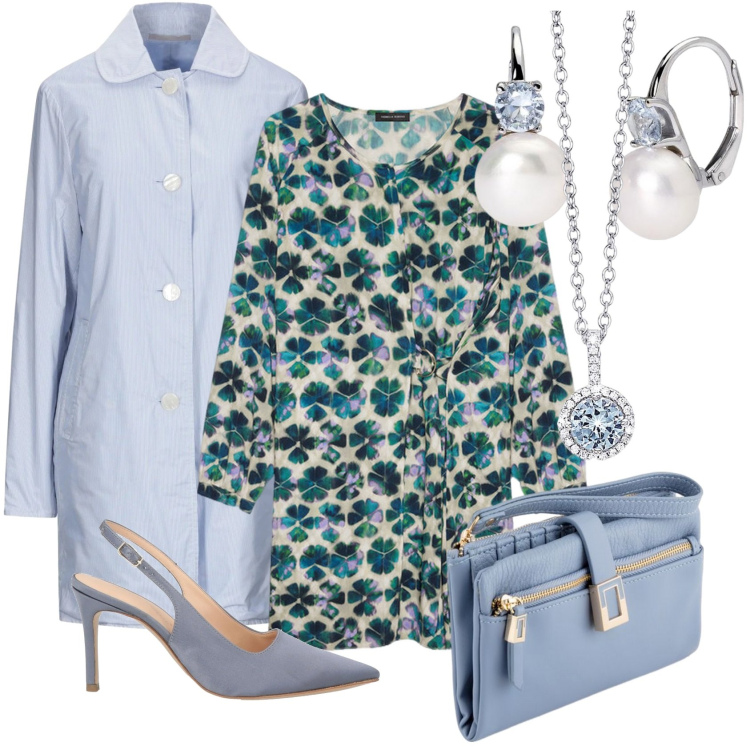 Outfit donna - Azzurro e fiori. Stile Trendy per Cerimonia. Abbinamento con trench, décolleté, collane, orecchini, vestiti corti, portafogli.