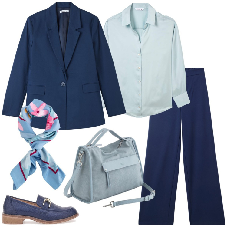Outfit donna - Total look #2092154. Stile Casual chic per Ufficio. Abbinamento con pantaloni, blazer, camicie, mocassini, borse a mano, foulard.