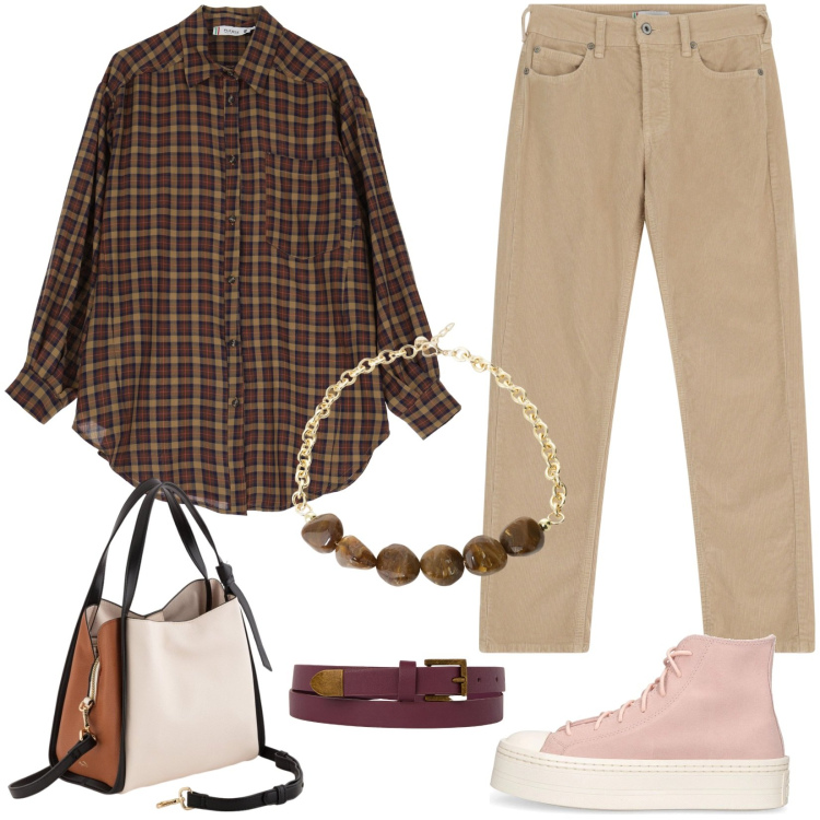 Outfit donna - Maxi camicia e Converse. Stile Urban per Tutti i giorni. Abbinamento con pantaloni, camicie, collane, cinture, sneakers, borse a mano.