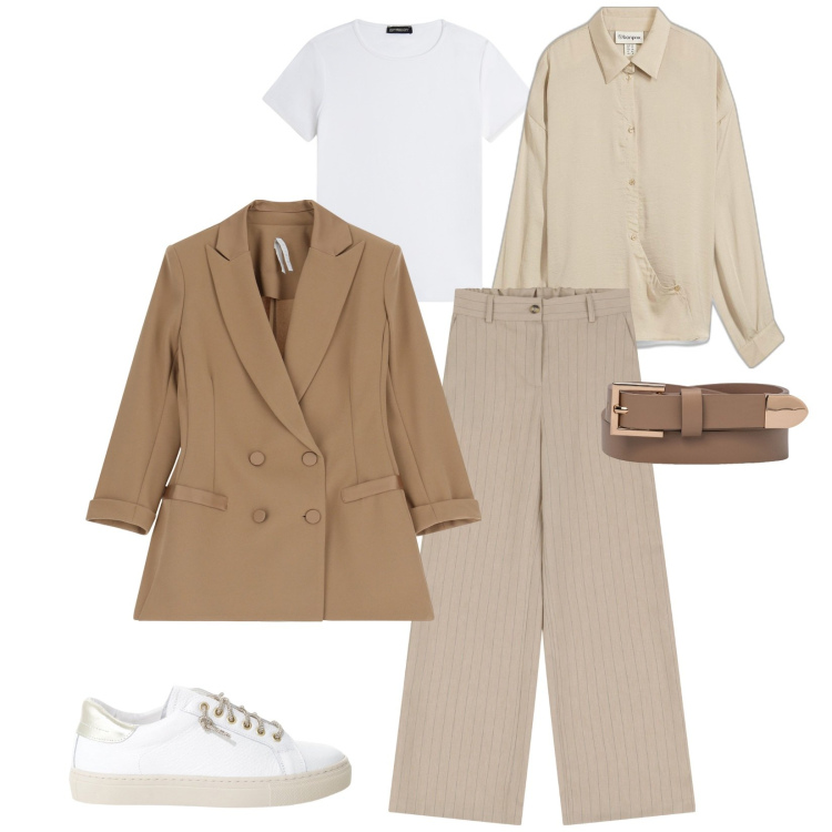 Outfit donna - Ton sur ton. Stile Casual chic per Ufficio. Abbinamento con camicie, blazer, sneakers, pantaloni a palazzo, t-shirt, cinture.